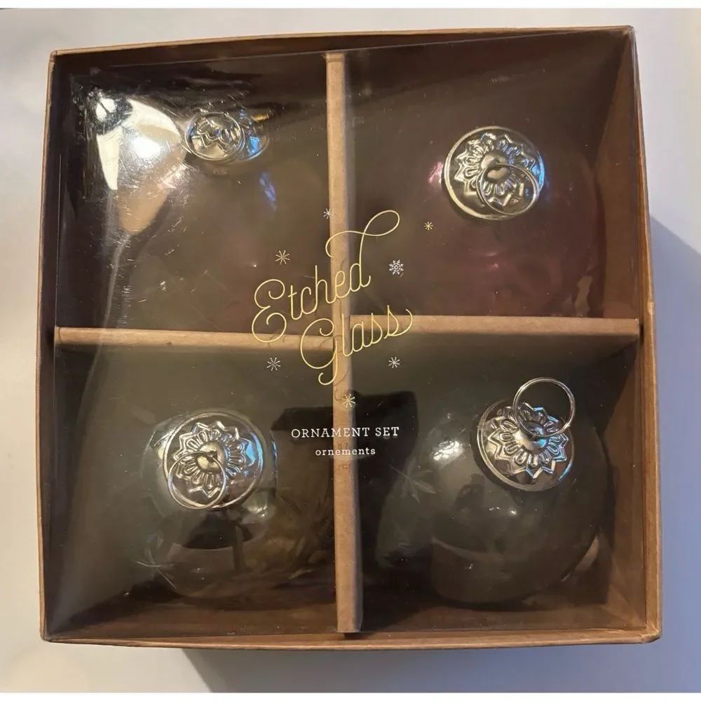 Vintage Pottery Barn Etched Glass Large Holiday Ornaments Set of 4